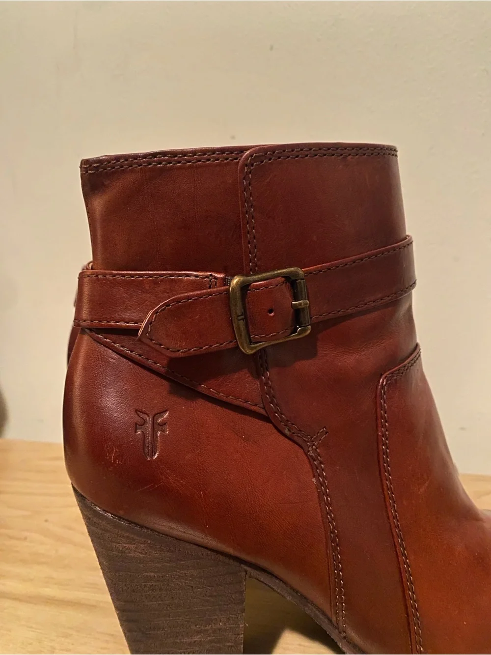 Frye Patty Riding Bootie Women’s 6.5M Cognac Brown Leather Buckle Ankle Boots